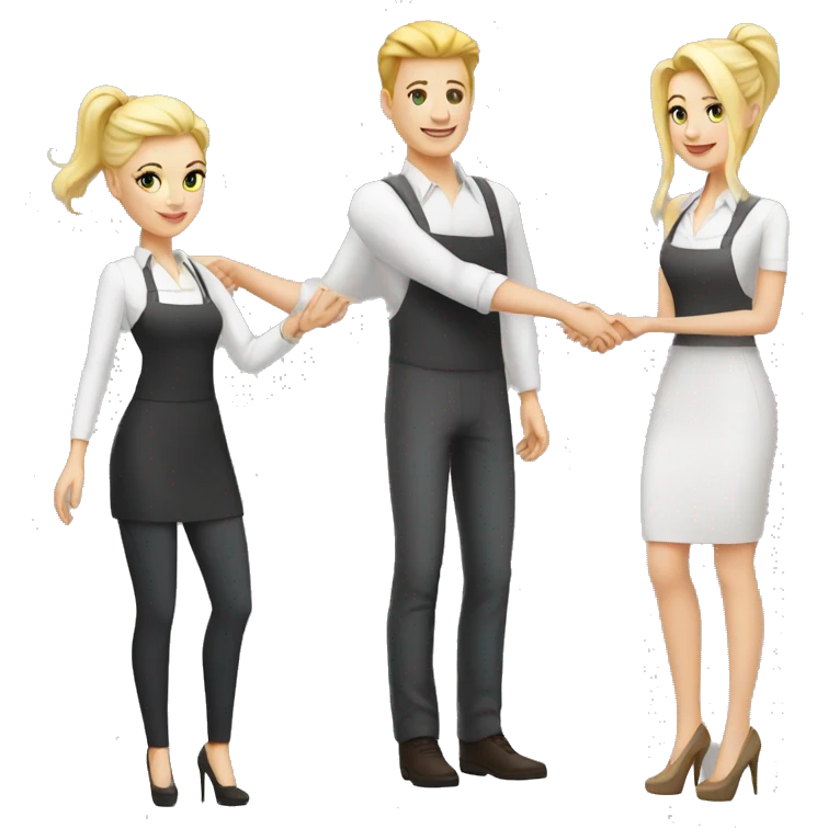 adult restaurant owner with white skin and blogger with white skin and blonde hair shaking hands in full height emoji