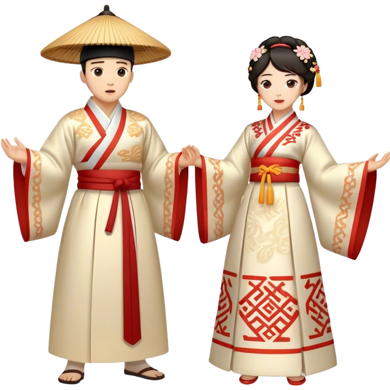 Cinematic Realistic scene of two performers engaging in Ganggangsullae, dressed in traditional Korean costumes with intricate patterns and graceful movements, illuminated by soft, festive lighting that accentuates the cultural ambiance emoji