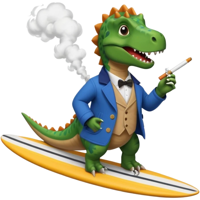dinosual smokig a ciggerett while surfing wearing designer coat emoji