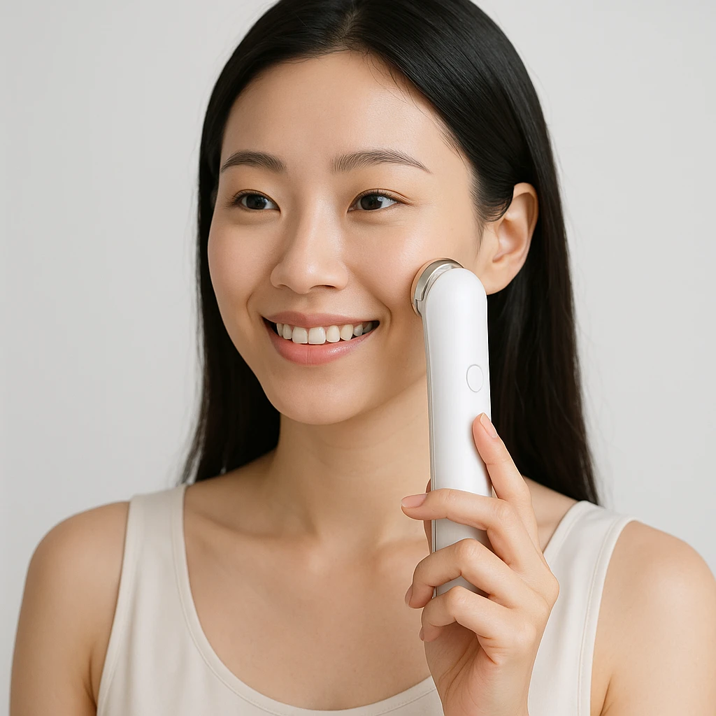 Korean woman using a beauty device, modern and clean feeling, smiling emoji
