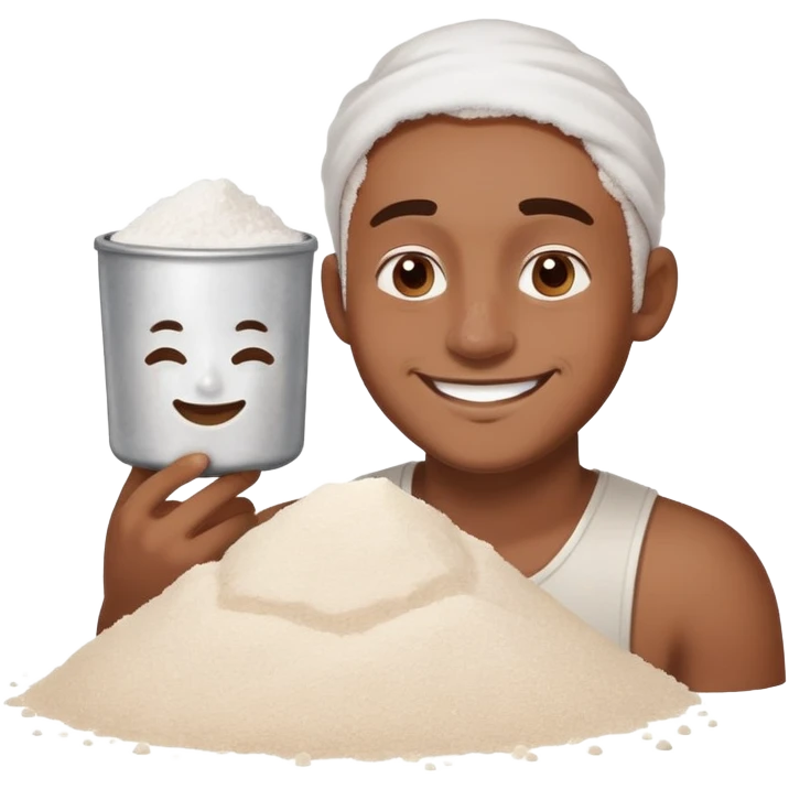Man with flour on nose near a pile of salt smiling emoji