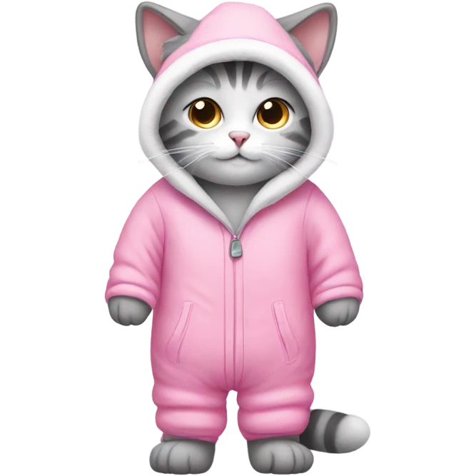 Grey and white cat wearing a pink snowsuit emoji