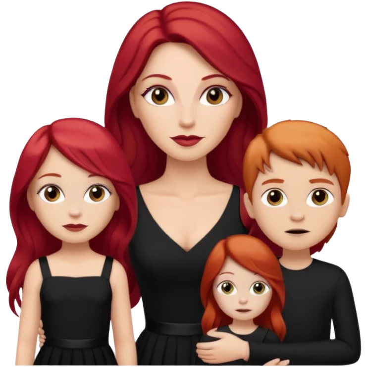 White woman in black dress with long red hair and makeup with two kids in beige  emoji