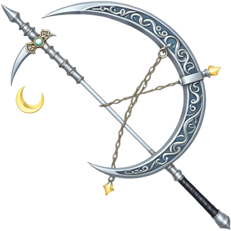 bow weapon, Elegant silver bow weapon with glowing string, crescent-moon motifs. emoji