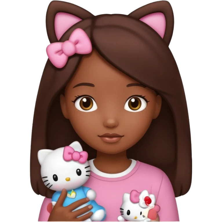 black girl with long brown hair holding a hello kitty emoji