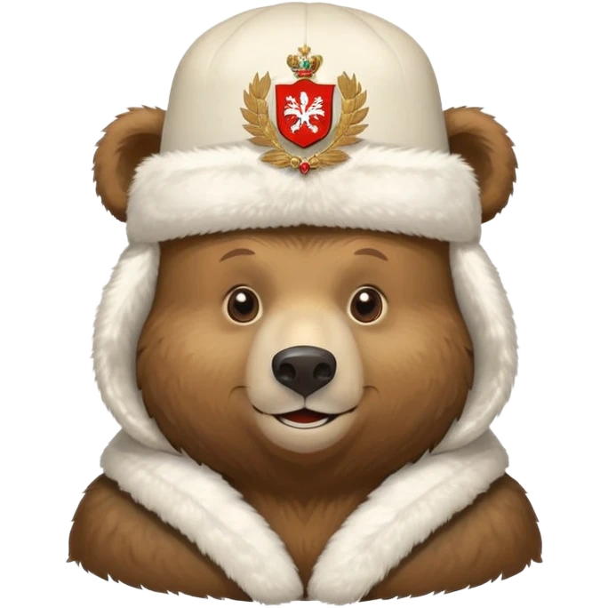 Russian brown bear wearing a white furry ushanka hat with Russian coat of arms emblem in the center, front view, iOS emoji style emoji