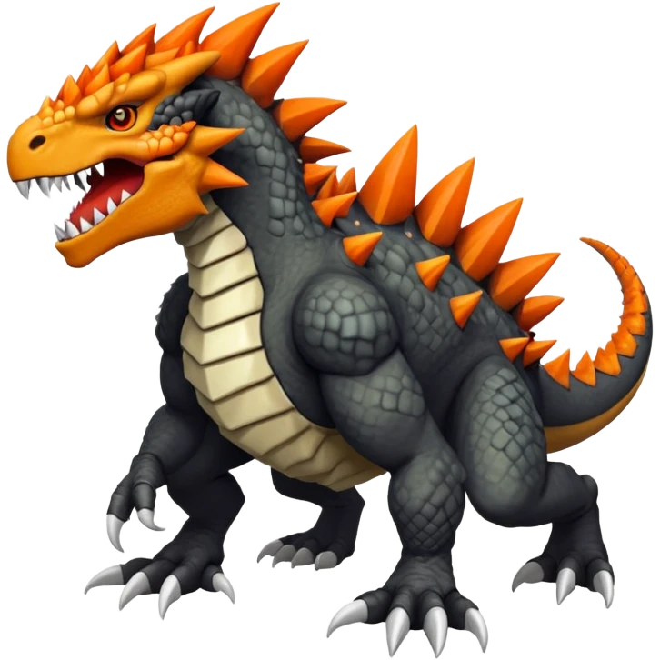 Black Greymon-Tyrunt-Tyrantrum-Fakémon-creature-hybrid with orange belly (full body) emoji