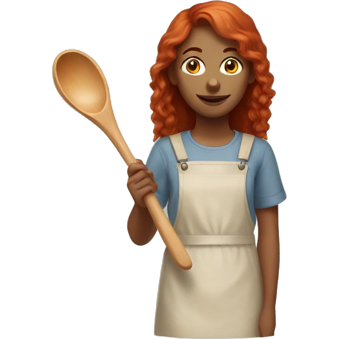 young red head woman holding 2 meter long wooden spoon emoji