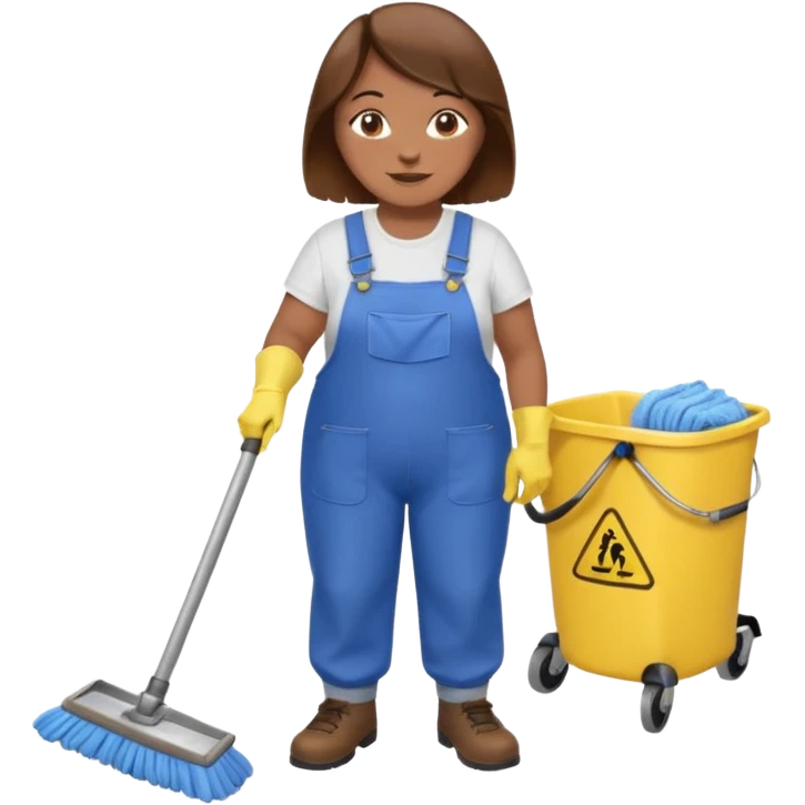 old and fat women, brown hair, Custodian with yellow rubber gloves, white T-shirt, blue overalls, mopping floor emoji