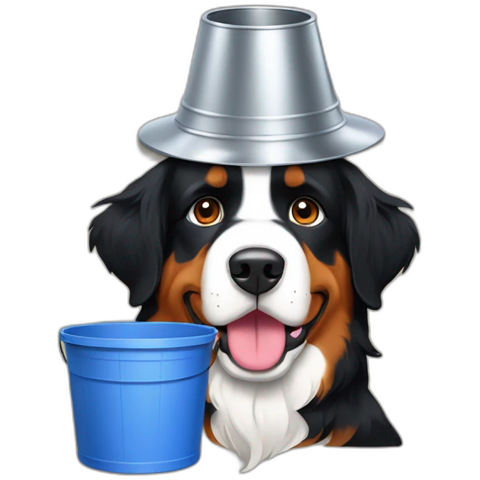 Bernese mountain dog with a bucket on his head emoji