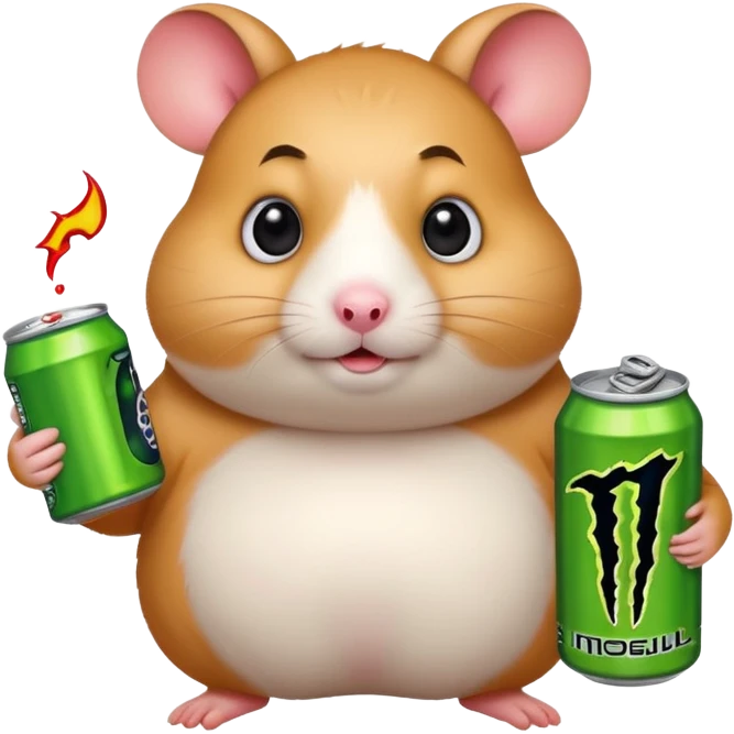 Funny cartoon-style fat hamster wide eyed holding a can of monster energy in one hand and redbull in the other hand emoji