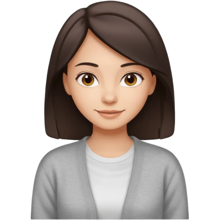 The girl has straight medium-length dqrk brown hair, light skin, wearing a white t-shirt and gray cardigan. Gentle smile, friendly neutral expression emoji