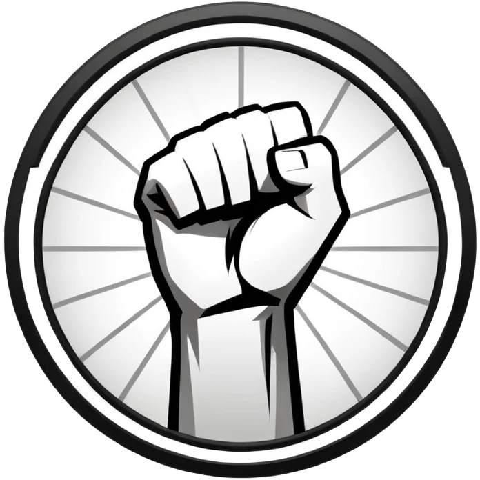 Round emblem symbolizing martial arts with a bold fist facing forward in the center. The fist is surrounded by dynamic lines representing movement and power. The design conveys strength, focus, and precision, with a minimalist background emphasizing the combat spirit. Transparent background. emoji