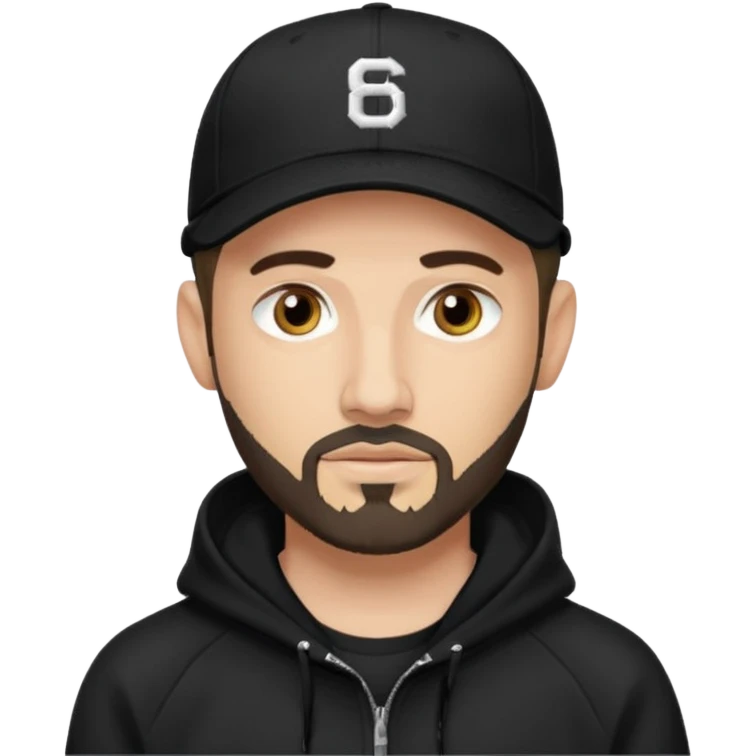 Hombre de ojos claros, con barba fina y perilla, gorra negra de baseball bordada con un 08, y sudadera negra emoji