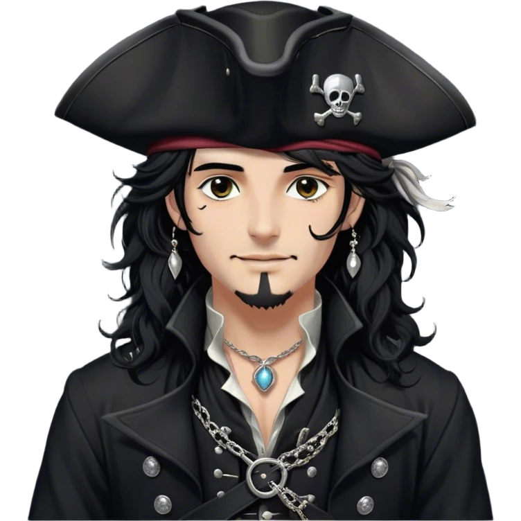 A charismatic pirate with wavy black hair tousled. His black tricorn hat, embroidered with silver. Dark eyes glint with mischief as he gazes to the side, a knowing smile on his lips. His fitted black coat, adorned with silver buttons. A silver chain dangles from his belt emoji