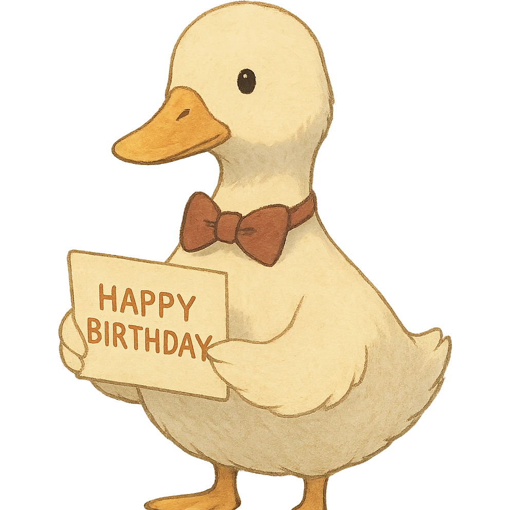 duck with bowtie holding birthday card, soft Ghibli style emoji