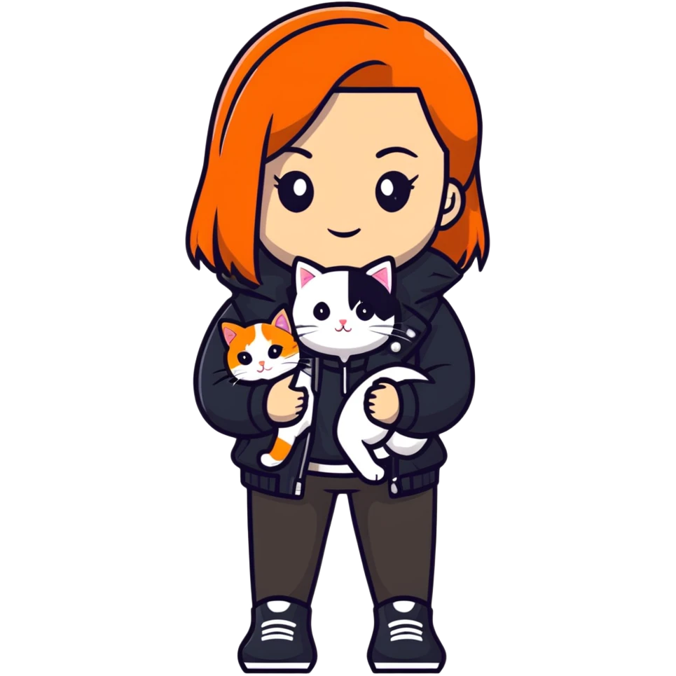 Light-skinned girl with brown straight hair wearing a black jacket, holding one pure white cat and one calico cat with orange black patches emoji