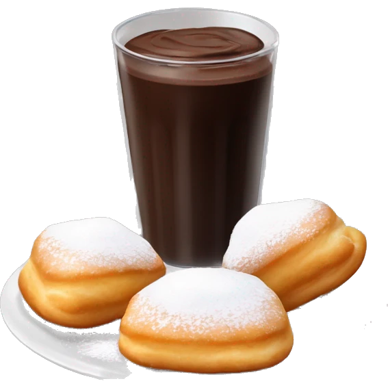 Realistic plate of powdered sugar beignet s with glass cup of chocolate dip on the side isolated. emoji
