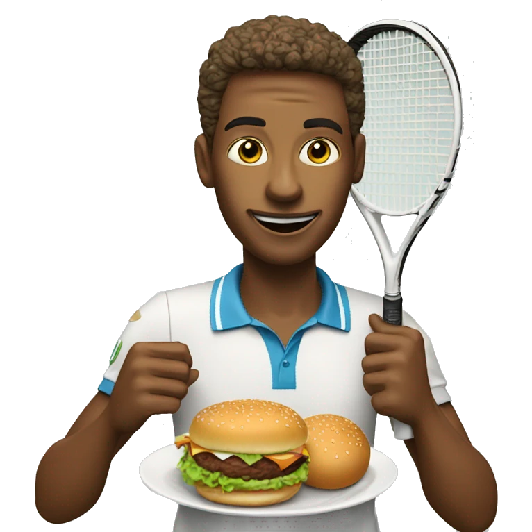 "A tennis player is holding a racket and eating a burger." emoji