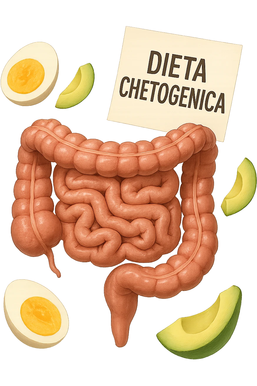 intestino umano anatomico con uova sode e avocado che gli fluttuano intorno insieme ad un foglio con la scritta "DIETA CHETOGENICA" CHE FLUTTUA IN ARIA emoji