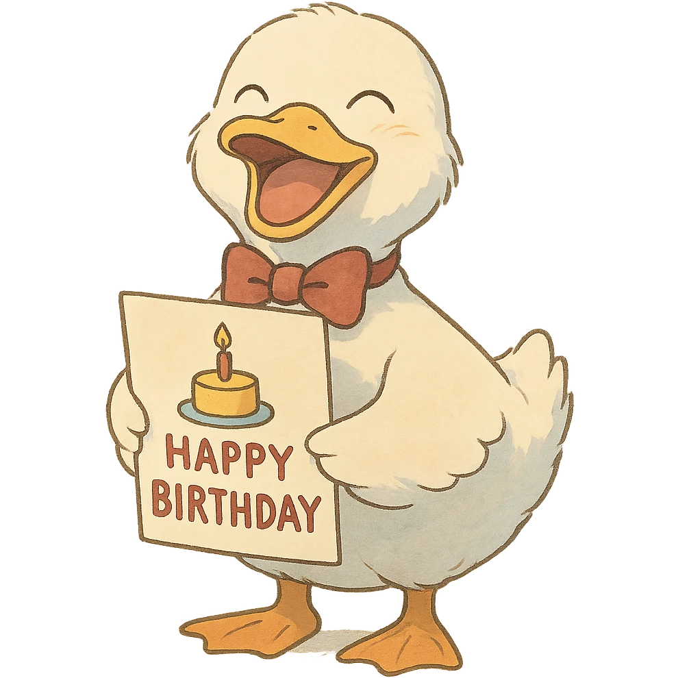 laughing duck with bowtie holding birthday card, flawless and visually perfect, no imperfections, soft Ghibli style emoji