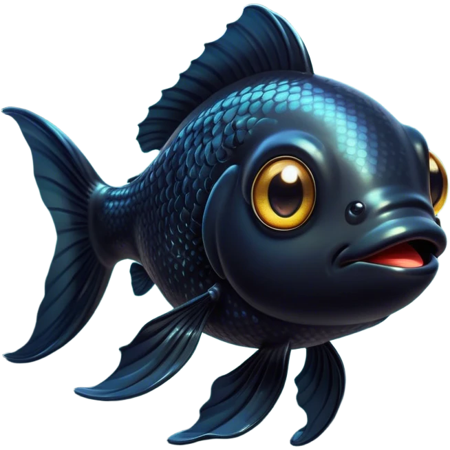 Cinematic Cute Black Goldfish Portrait Emoji, Head tilted playfully and inquisitively, featuring a glossy, deep black body with shimmering scales and round, sparkling golden eyes filled with curiosity, Simplified yet irresistibly adorable features, highly detailed, glowing with a warm, friendly glow, high shine, affectionate and lively, stylized with a touch of whimsy, bright and endearing, soft glowing outline, capturing the essence of a mischievous yet loving goldfish, so playful it feels like it could swim out of the screen and into your heart! emoji