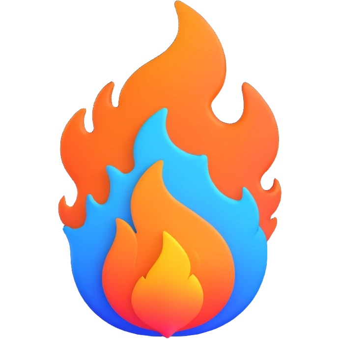 classic fire emoji, 3D style, blue to orange gradient, more rounded flame, matching reference image, new shape variation emoji