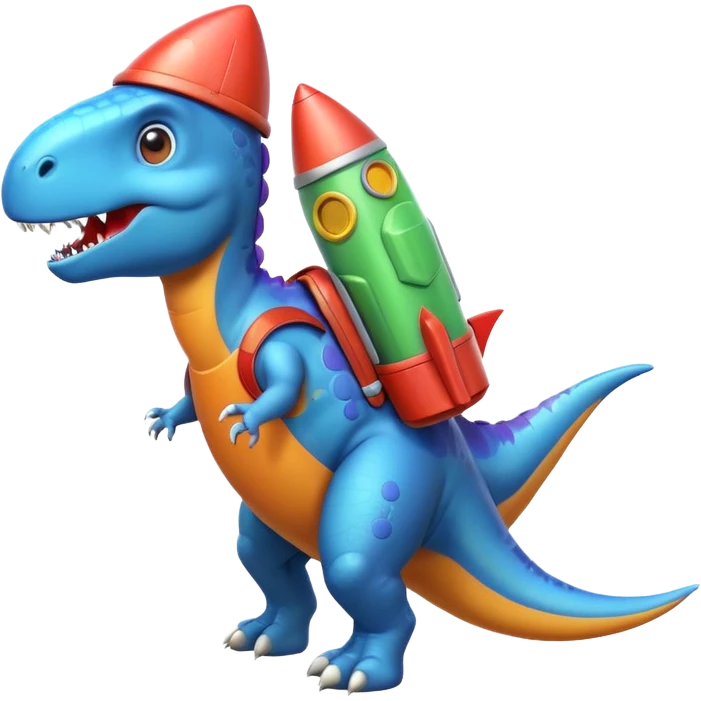 cute toy-like rocket-propelled dinosaur, rounded shapes, glossy texture, colorful rocket backpack, happy expression, 3D cartoon, mobile game icon style, clean background, no text, no watermark
 emoji