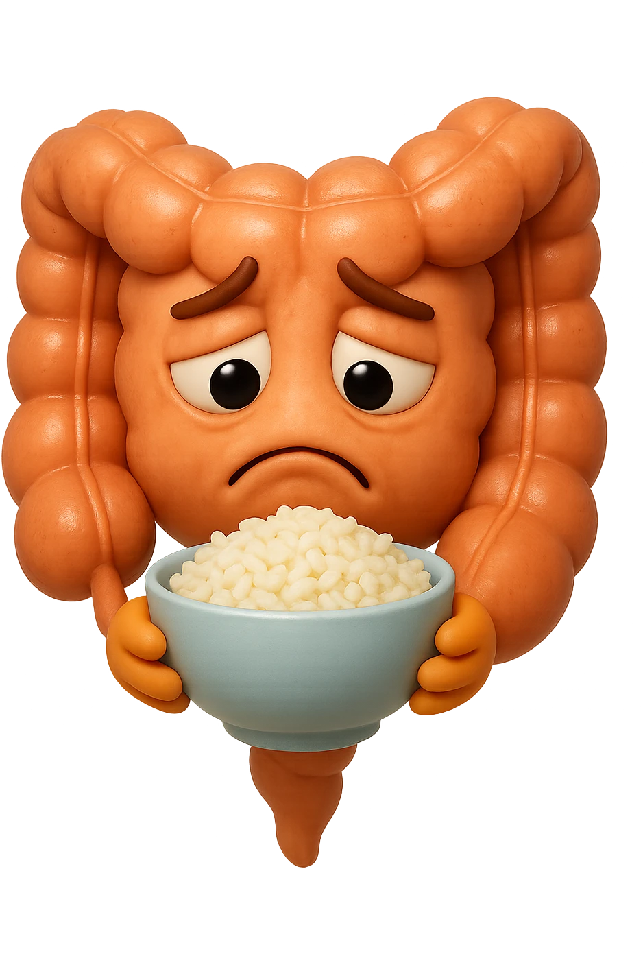 emoji stile iphone 3d di un intestino che guarda una bowl di riso che ha in mano con espressione triste, iperealistico 4k emoji