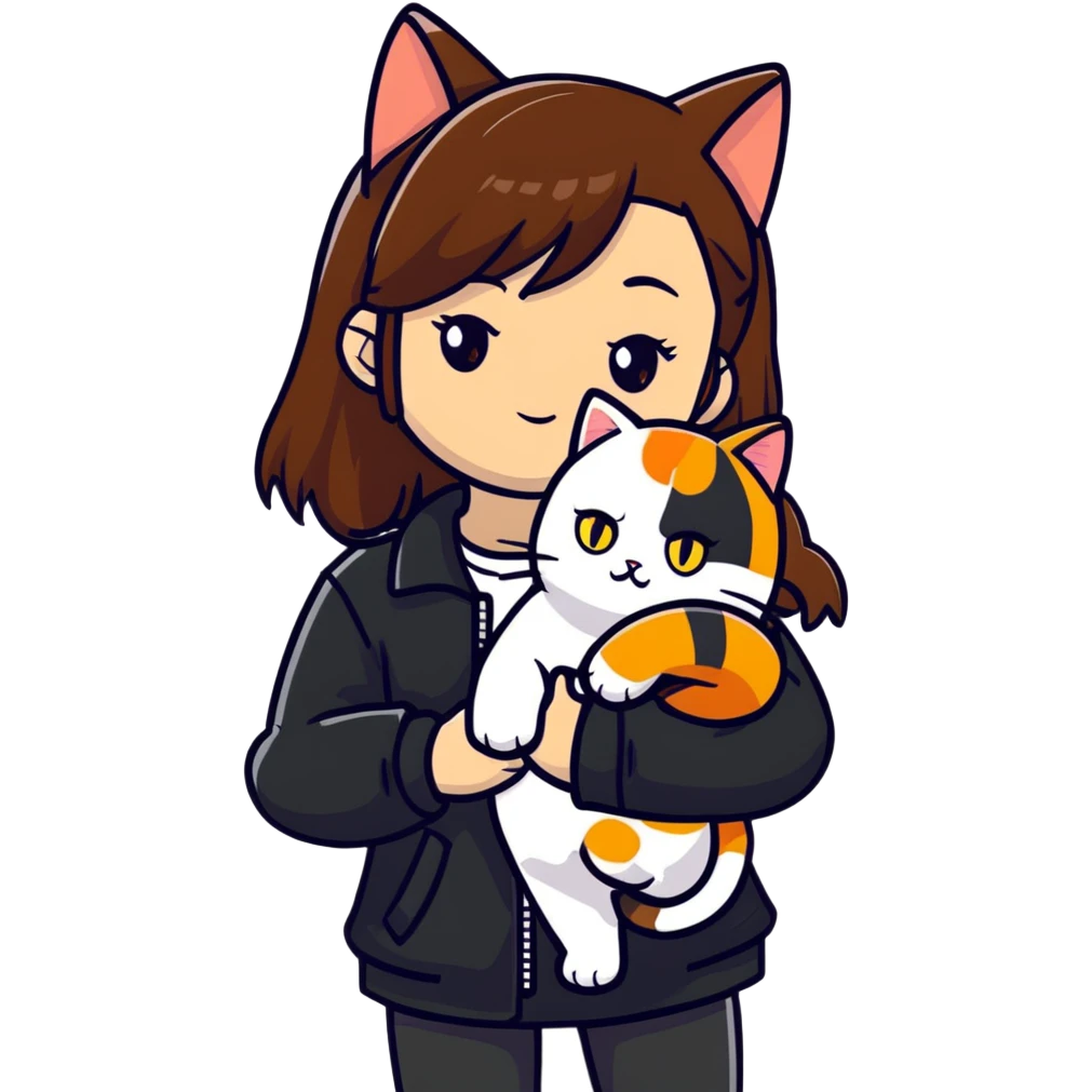 Light-skinned girl with brown straight hair wearing a black jacket, with one pure white cat with yellow eyes and one calico cat with orange black and white patches emoji