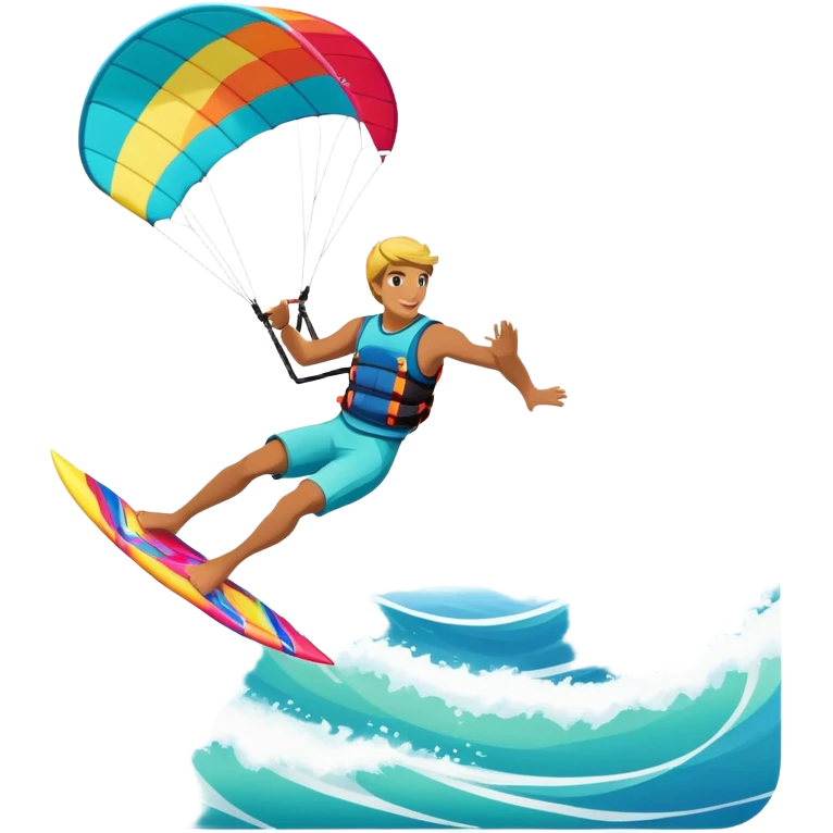 A professional kite surfer performing a high-flying trick on the waves, with a colorful kite soaring above. The background features a stunning landscape of rolling ocean waves, a bright sky, and distant mountains, emphasizing the skill and freedom of the sport. emoji