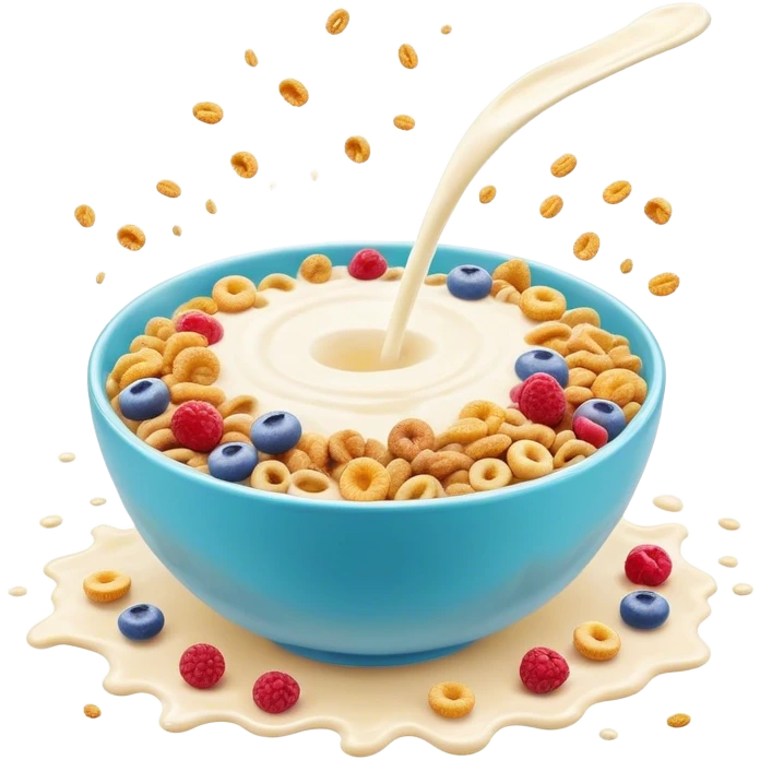 Cinematic crunchy cereal, vibrant and colorful, splashing into a bowl of cold milk, soft glowing background, dynamic movement, playful and inviting, nostalgic and fun. emoji