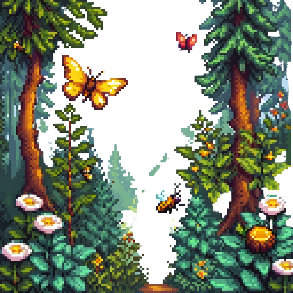 pixel art of a butterfly and bee among trees and plants, forest background emoji