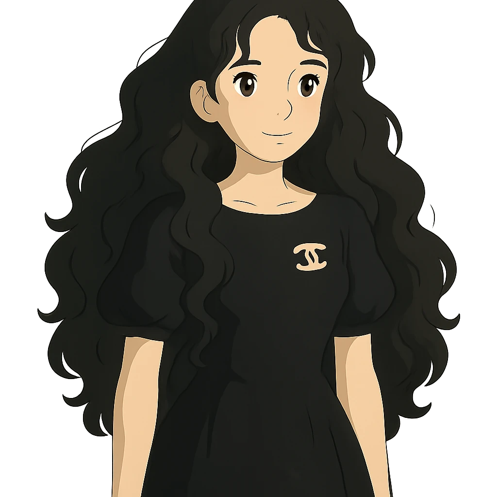 light skin girl with black very long curly hair, brown eyes, wearing a black Chanel dress, in ghibli style emoji