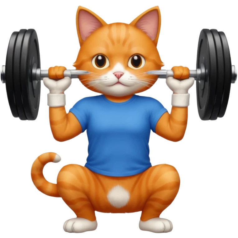Un gatito con remera azul haciendo pesas  emoji