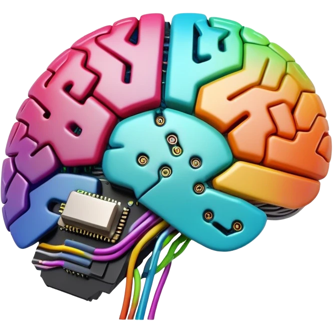 A digital brain with CPU circuitry and colorful neural connections emoji