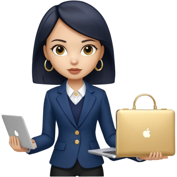 a pretty bratz girl with straight black short hair wearing a dark blue blazer and carrying a laptop. gold small hoops emoji