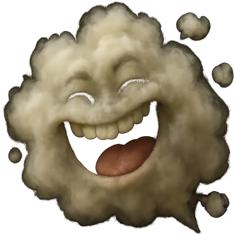 Make this fart cloud look more realistic with natural gas texture, subtle color gradients, and a believable laughing face. Keep no background. emoji