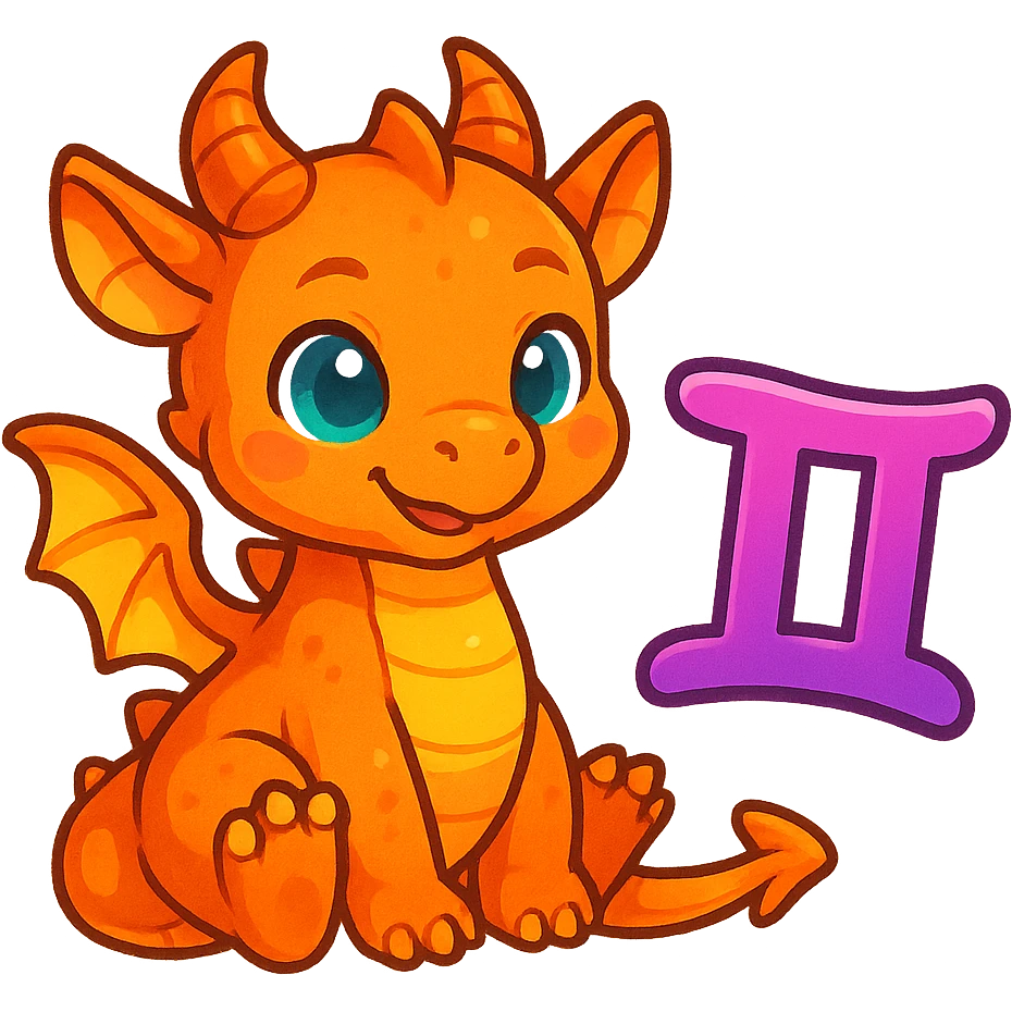 a small dragon and Gemini glyph together, vibrant emoji style, colorful, cute emoji