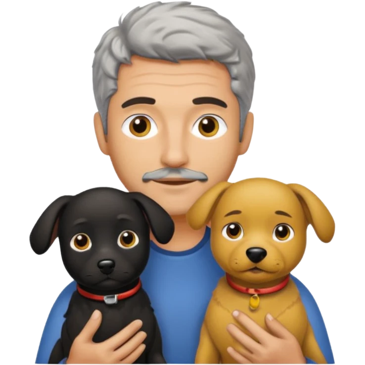 Italian man with salt and pepper hair holding one black dog and one yellow dog emoji