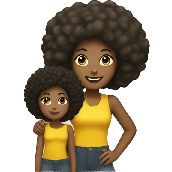 Black girl wearing yellow with an Afro having a bitmoji girl behind her emoji