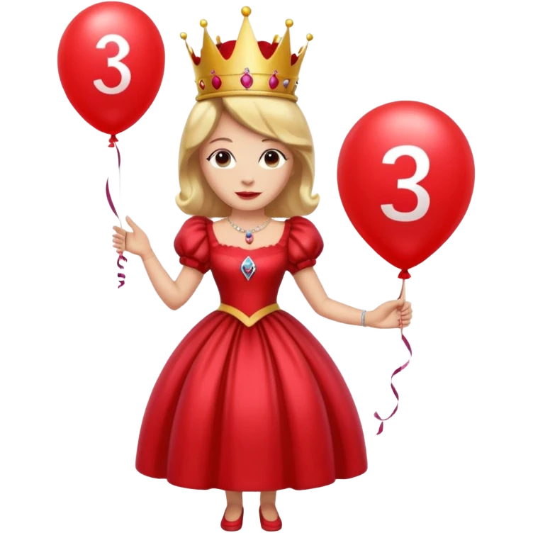queen wearing dress, holding balloon in shape of number 3 emoji