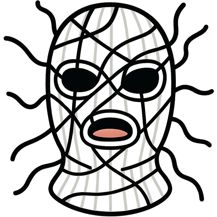 The mask is a full-head, white knitted balaclava with a tight ribbed texture. It features two asymmetrical eye openings and a partially exposed mouth area. Black thread is stitched across the surface in chaotic, abstract lines that trace facial features, giving a hand-drawn effect. Several black cords extend outward from the mask, varying in length and direction, adding a sculptural, almost organic appearance. The overall look is bold, handcrafted, and visually striking. emoji