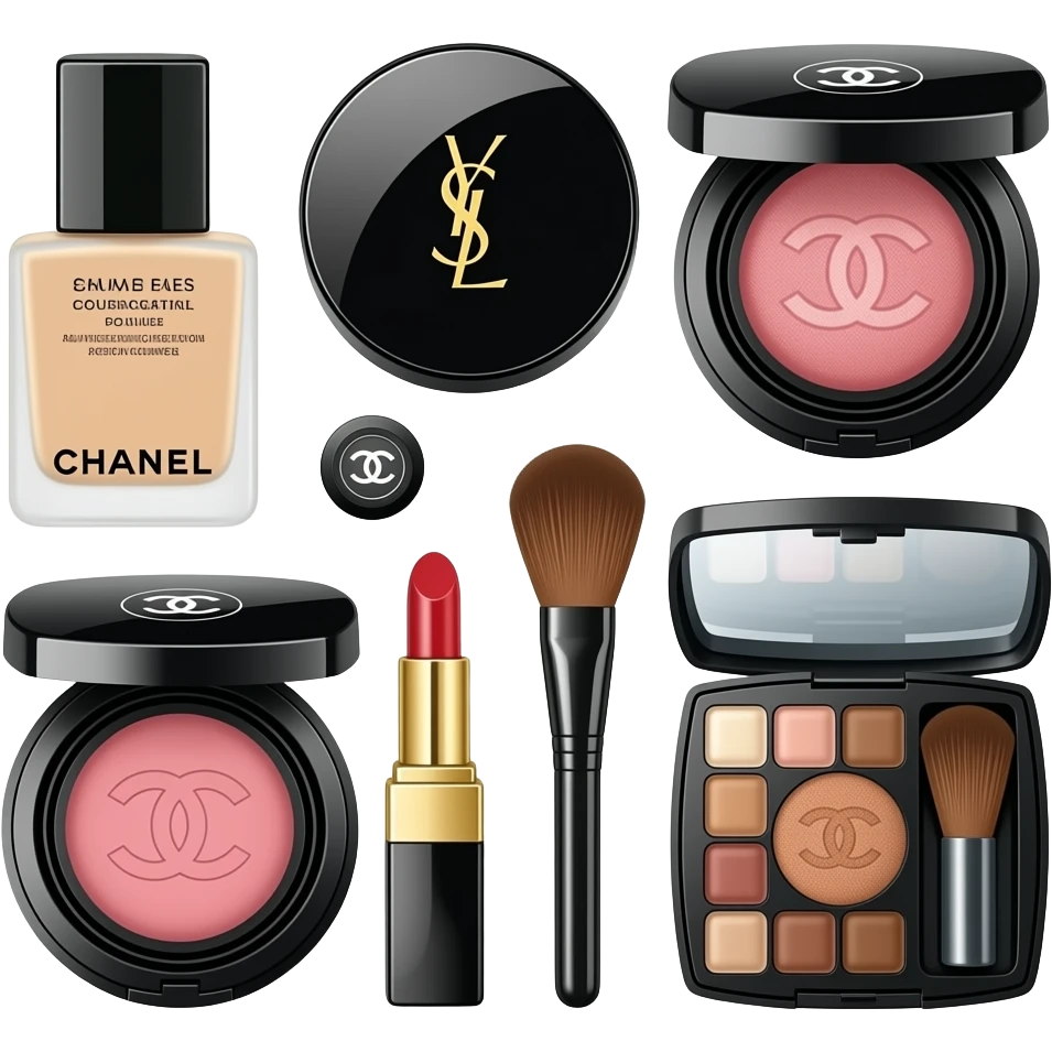 Chanel foundation, YSL cushion, Chanel blush, lipstick, eyeshadow palette, makeup brushes, concealer—all scattered about emoji