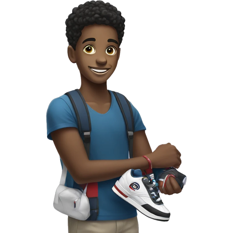 Black kid holding FILA sneakers while smiling emoji