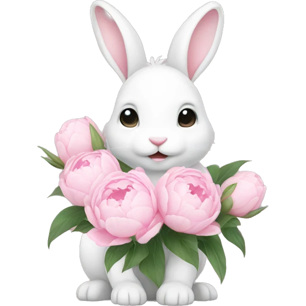 cute white bunny holding light pink peonies emoji