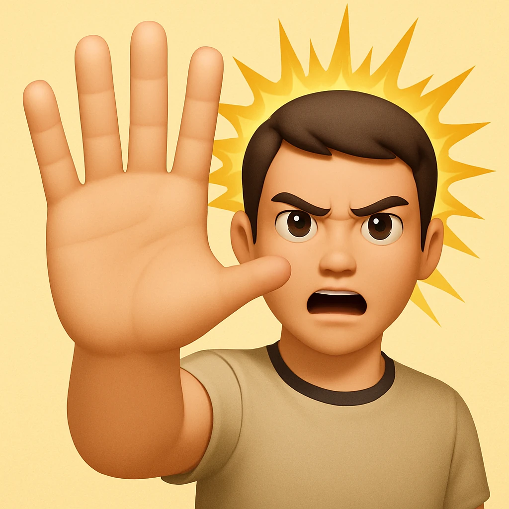 Make the arm fully outstretched toward the viewer so it is not visible behind the hand. The open palm hand should take up even more space, dominating the image. Keep the wrathful, destructive facial expression and lightning blasts in the background in the style of apple style emojis. emoji