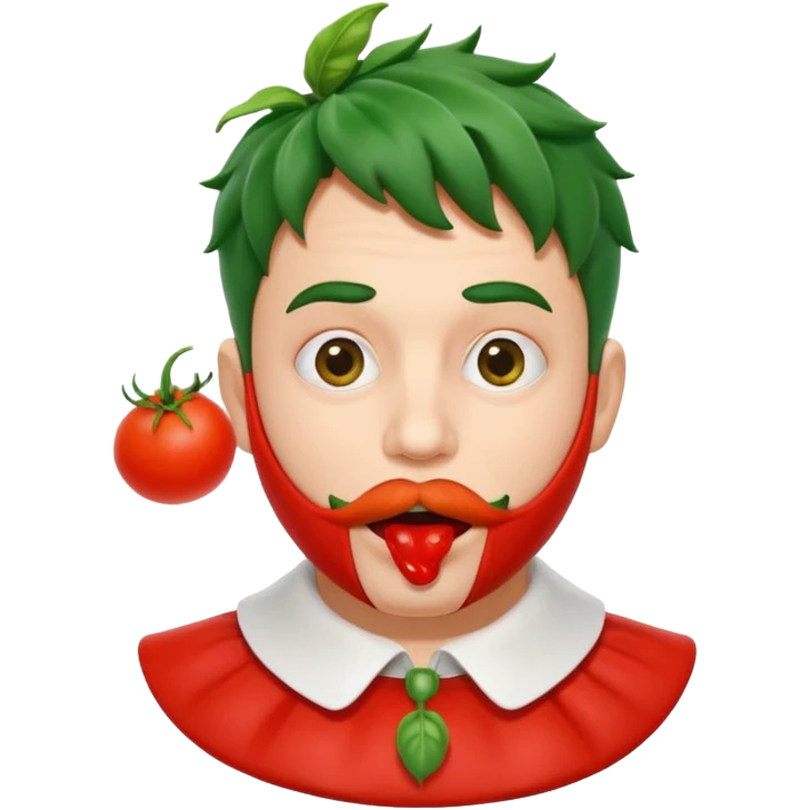 funny theater actor character who ate tomatoes, tomato sauce around mouth, dramatic expression, stage costume collar, 3D cartoon, mobile game icon style, clean background, no text, no watermark
 emoji