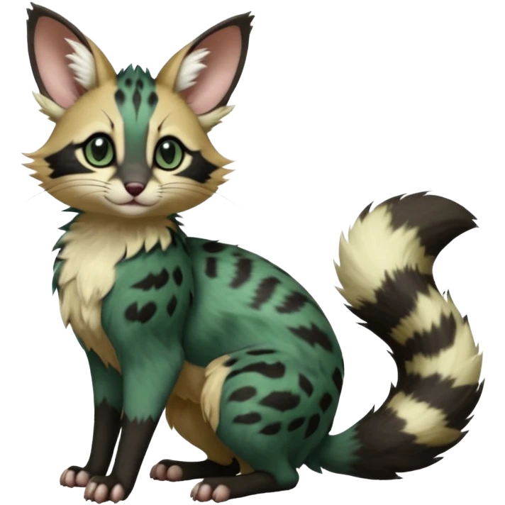 Dark-Green, black-pointed, soft natural realistic romantic vintage antique divine beautiful elegant pretty precious cute young youthful  Fakémon-Pokémon-opossum-feline-serval-caracal-chinchilla-Minccino-Cinccino-Meowstic-rodent-hybrid-creature with a big fluffy bushy tail (full body) emoji