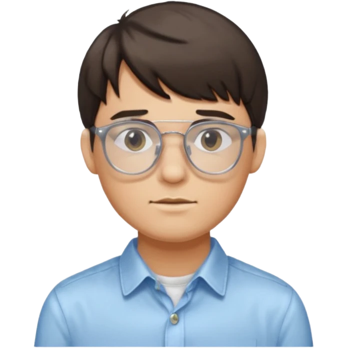 A man who have a glasses transparent. And have a bangs and have a button shirt. emoji